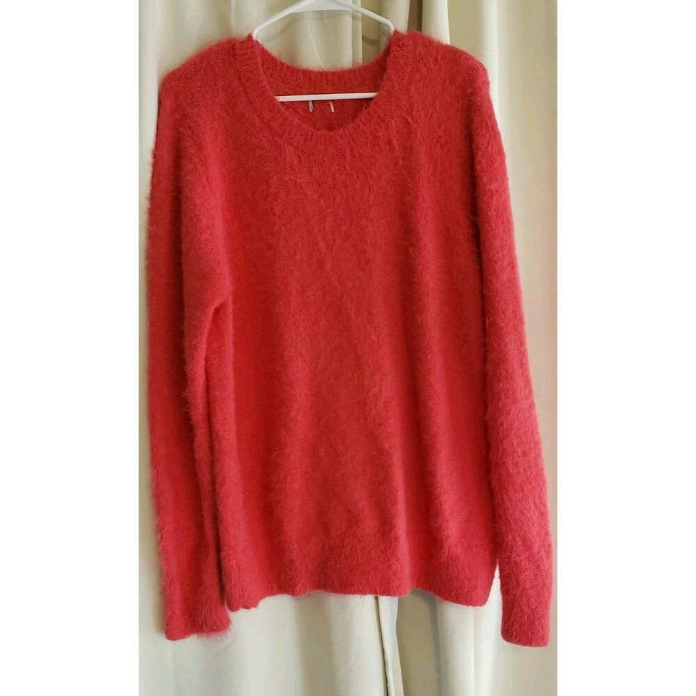Women's Fuzzy Eyelash Knit Sweater Coral Crew Neck Long Sleeve Soft Cozy Top S-L